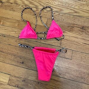 Hot Pink & Leopard Print Triangle String Bikini Set
